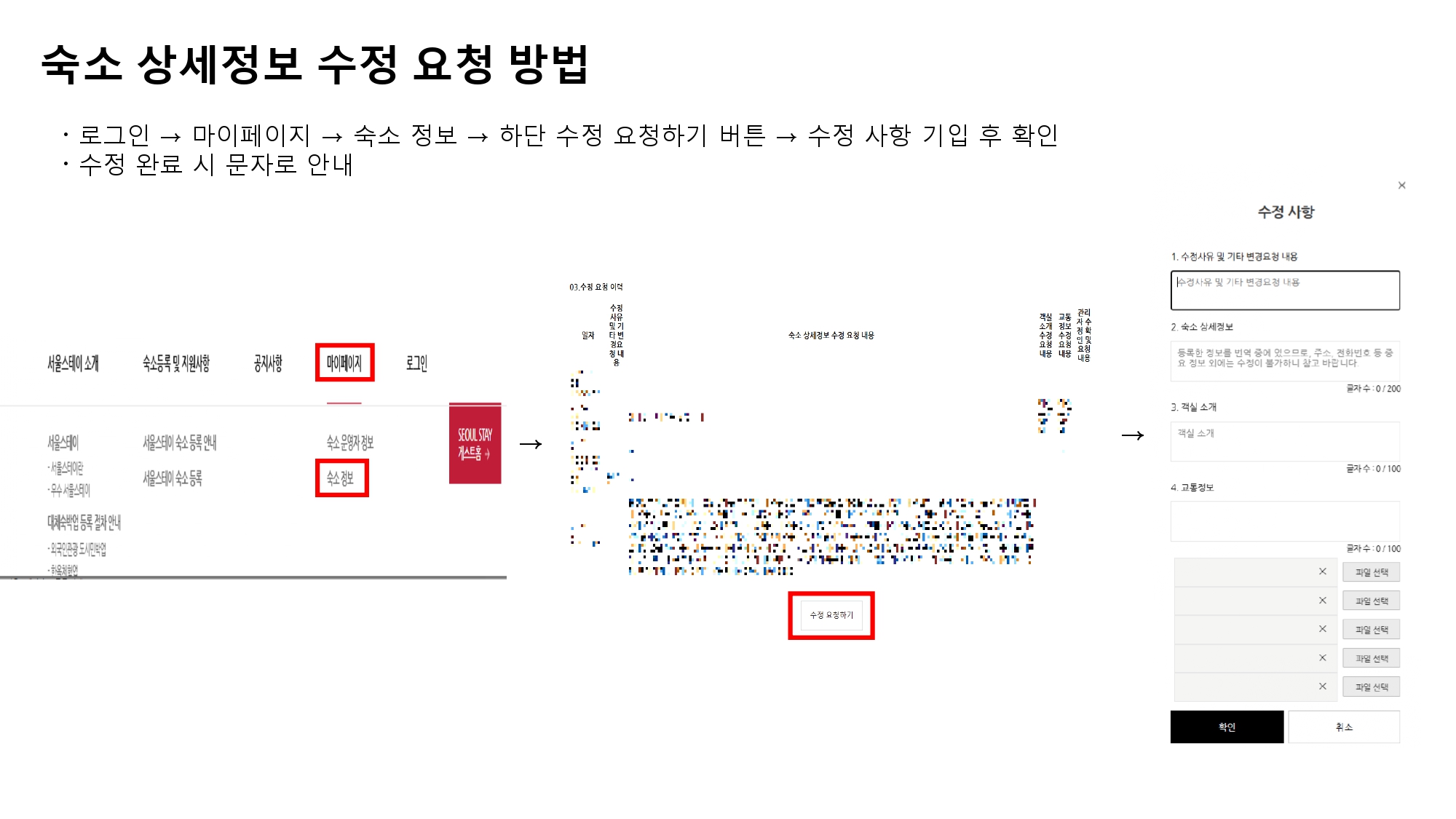 숙소 상세정보 수정 요청 방법 / 로그인, 마이페이지, 숙소 정보, 하단 수정 요청하기 버튼, 수정 사항 기입 후 확인 / 수정완료 시 문자로 안내